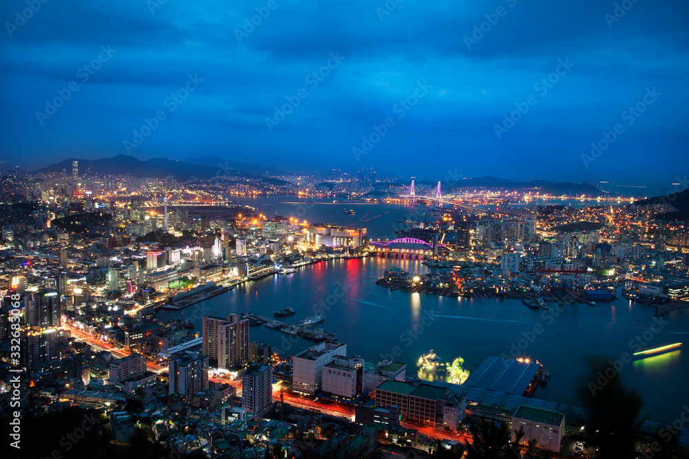 Skyline of Busan Metropolitan City with high view, in the blue hour