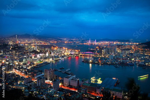 Skyline of Busan Metropolitan City with high view, in the blue hour