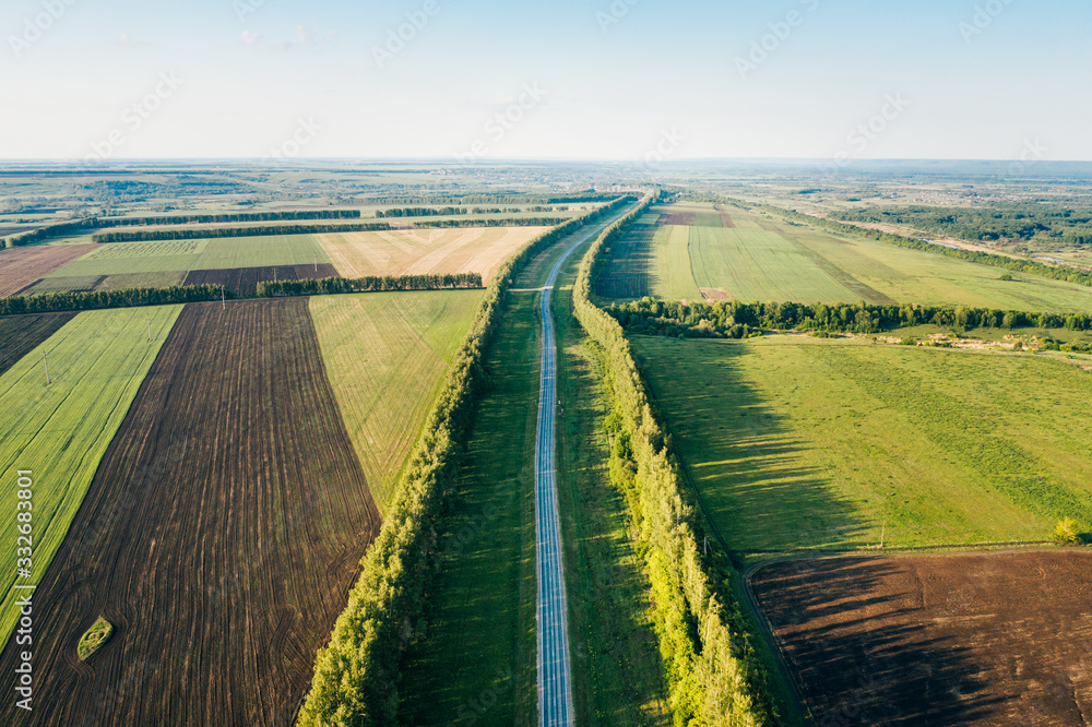 Country road and green agricultural fields at sunset, panoramic aerial view. Rural landscape in Penza Oblast, Russia - obrazy, fototapety, plakaty 