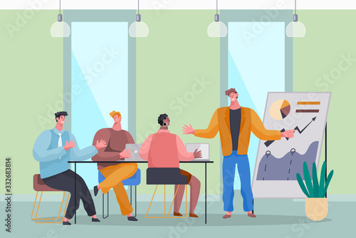 Businessman presenting new projects or statistics on meeting. Seminar and teaching of new employees. Boss giving presentation on board for colleagues or business partners. Vector in flat style