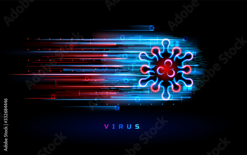 Coronavirus virus neon red blue light vector background. Covid ncov 19 coronavirus infection pandemic, global alert news backdrop, antiviral medicine and science, virus outbreak quarantine