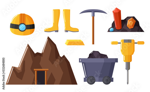 Collection of tools and instruments for mining instruments. Isolated icons of wellingtons, pickaxe and gemstones. Mine and carriage with coals, drill or auger and helmet with flashlight vector