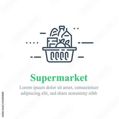 Full grocery basket, supermarket special offer, food delivery