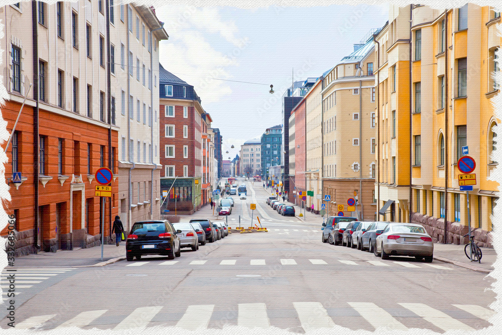 Imitation of a picture. Oil paint. Illustration. City Helsinki. Cityscape