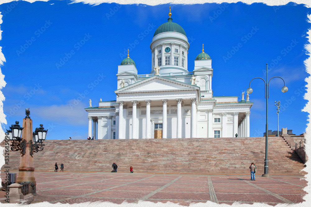 Imitation of a picture. Oil paint. Illustration. Helsinki Cathedral