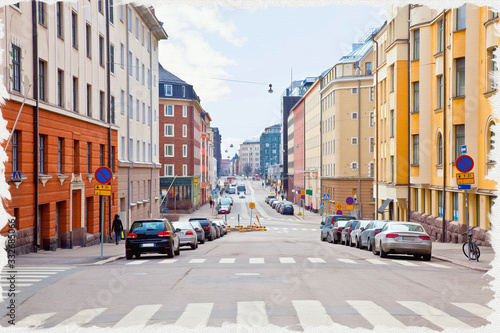 Imitation of a picture. Oil paint. Illustration. City Helsinki. Cityscape