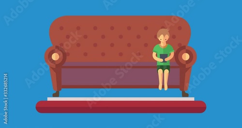 A lonely child plays the ball, then listens to music and plays on the smartphone. 2D flat animation isolated on blue background with alpha luma matte 4k.