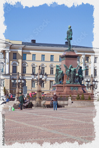 Imitation of a picture. Oil paint. Illustration. Monument to Alexander II "The Liberator" at the Senate Square in Helsinki.  19th Century.