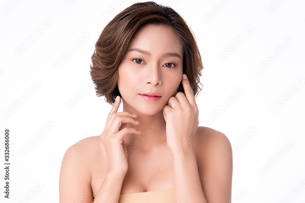 Beautiful Young Asian Woman with Clean Fresh Skin. Face care, Facial treatment, Cosmetology, beauty and healthy skin and cosmetic concept, woman beauty skin isolated on white background Beautiful Young Asian Woman with Clean Fresh Skin. Face care, Facial treatment, Cosmetology, beauty and healthy skin and cosmetic concept, woman beauty skin isolated on white background