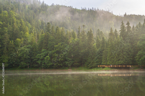 Foggy morning on the lake Synevyr, Ukraine photo