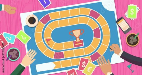 A fun company of active people is playing a board game. 2D flat animation 4k.