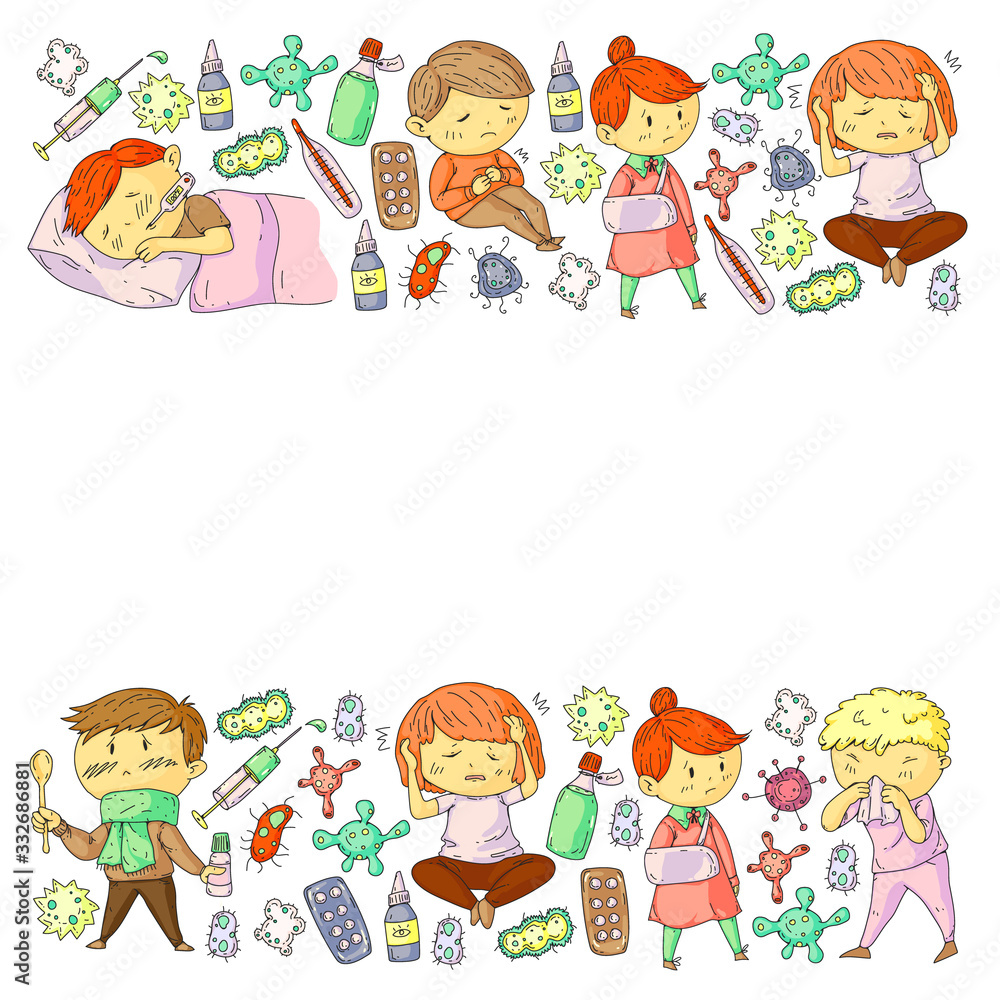 Vector pattern with little children. Illustration of Child diseases, flu, illness