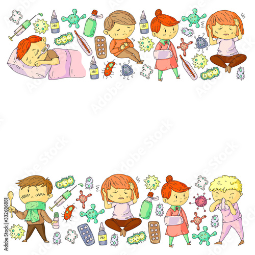 Vector pattern with little children. Illustration of Child diseases  flu  illness