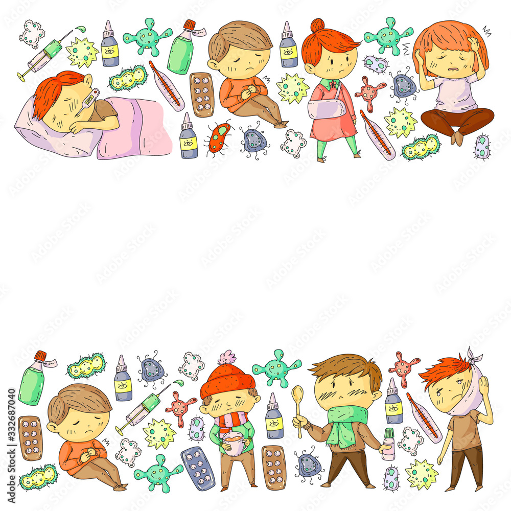 Vector pattern with little children. Illustration of Child diseases, flu, illness