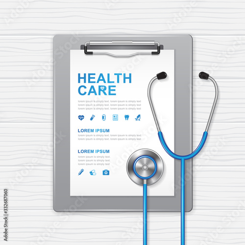 Medical clipboard and paper with stethoscope in medicine, medical, health, cross, healthcare ready to help in a hospital vector illustration