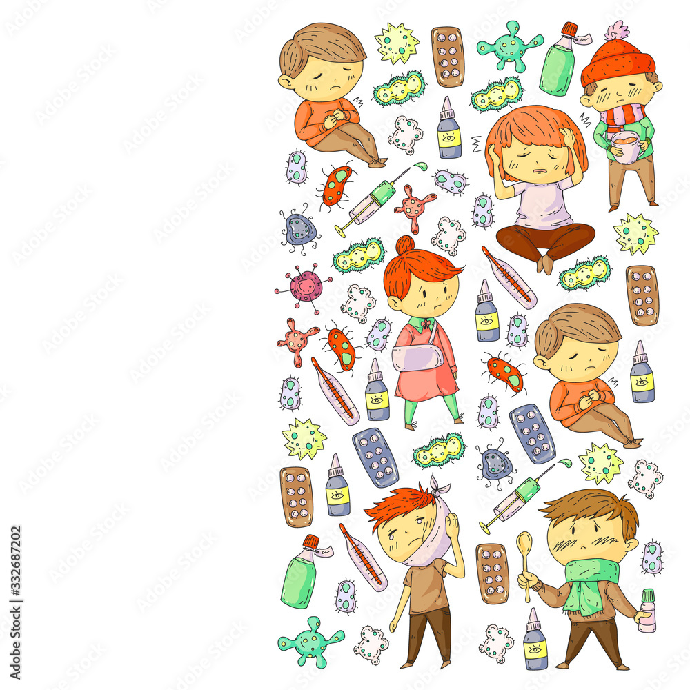 Vector pattern with little children. Illustration of Child diseases, flu, illness Vector pattern with little children. Illustration of Child diseases, flu, illness