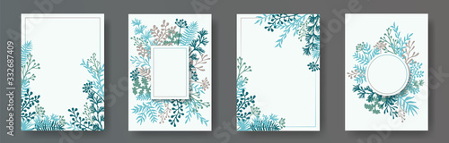 Watercolor herb twigs, tree branches, leaves floral invitation cards set. Her...