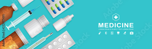 Healthcare and medical bottles set medicine website banner, pharmaceutics for pharmacy and drugstore online vector illustration