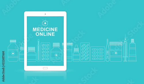 Healthcare and medical online ipad with bottles set medicine, pills, healthcare and pharmacy on website for hospital and clinic vector illustration