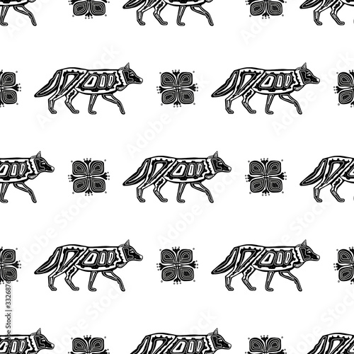Seamless vector pattern with traditional folk motif with wolf and flowers ornament, monohrom vector.Perfect for wrapping paper, wallpaper,repeating elements,vintage design, notebook cover,fabric