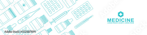Healthcare and medical linear bottles set medicine website banner, pharmaceutics for pharmacy and drugstore decoration for flyers, poster, web, banner and card vector illustration