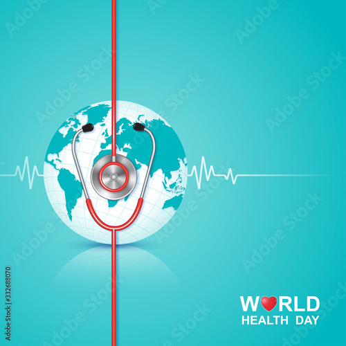 World health day concept world map, heartbeat, stethoscope and flat icons for healthcare and medical vector illustration