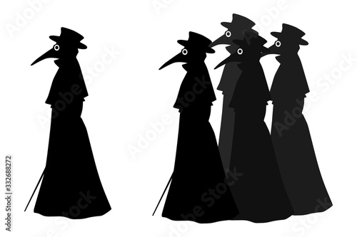Silhouettes of medieval plague doctors with bird masks on white background