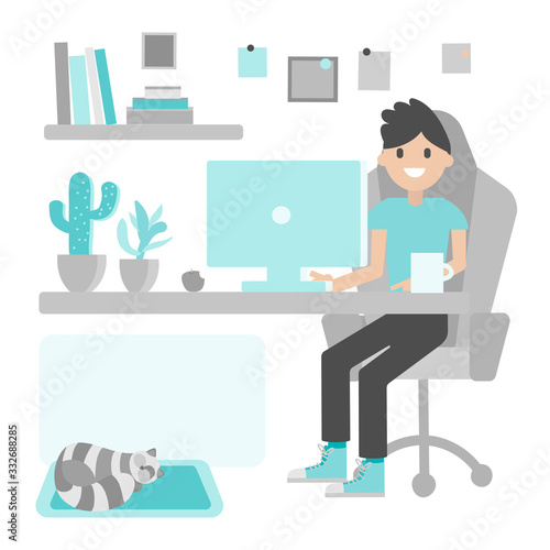 Home office during coronavirus outbreak concept. Happy guy working at home at the computer, business man, freelancer. Worker male employee works from home.Vector illustration in flat style hand drawn.