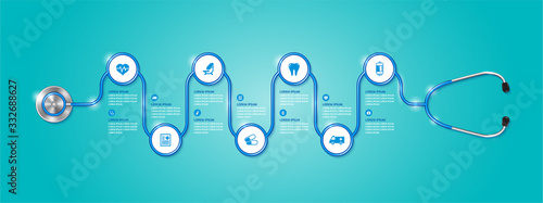 Healthcare and medical concept stethoscope and flat icons in medicine, health, cross decoration for flyers, poster, web, banner, and card vector illustration