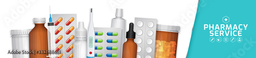 Healthcare and medical and flat icons bottles set medicine website horizontal banner, pharmaceutics for pharmacy and drugstore online vector illustration