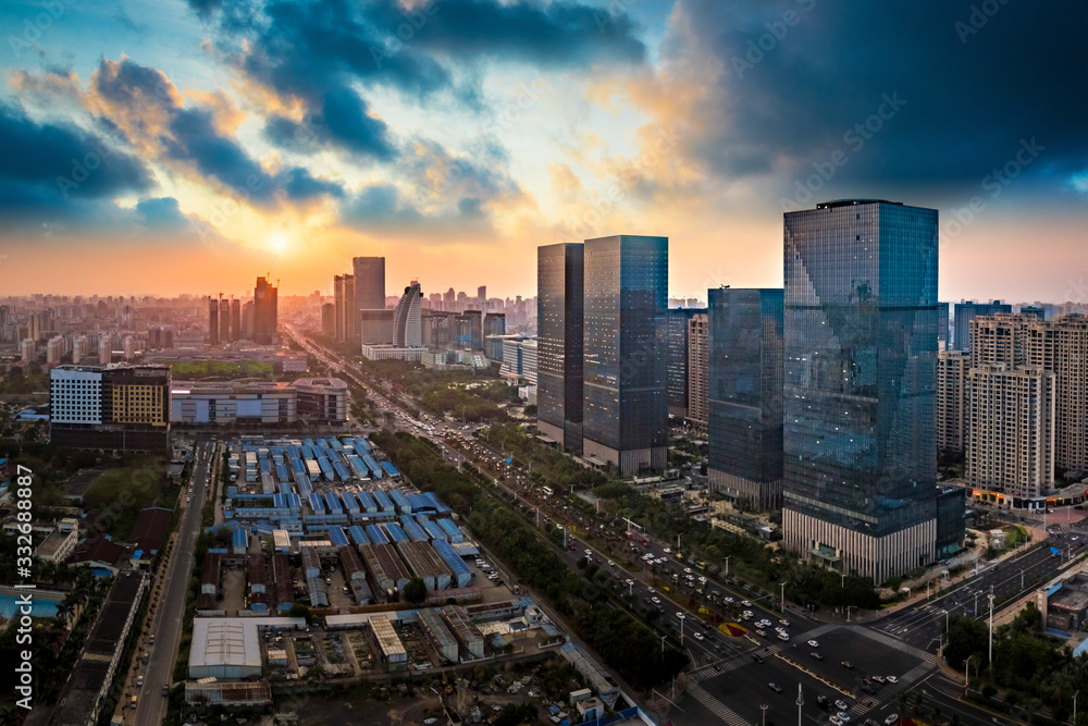 Haikou Cityscape in the Guoxing Avenue Central Business District, Hainan Provin, China. Aerial View.