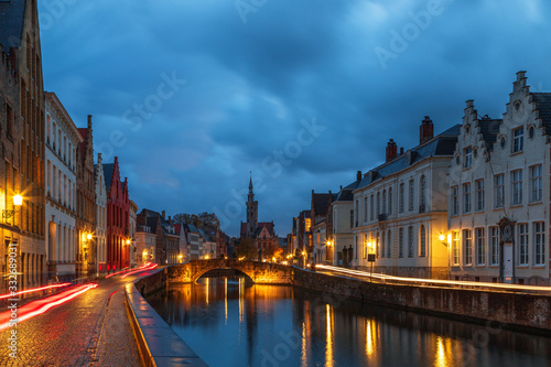 Bruges canal with Belfort tower at night, Belgium