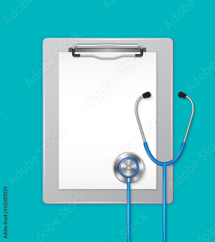 Medical clipboard and paper with stethoscope heart shaped in medicine, medical, health, cross, healthcare ready to help in a hospital on blue background concept vector illustration
