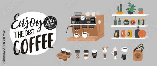 Coffee shop hand drawn collection . Cartoon constructor set. Small business, logo lettering and quote, coffee pots, dessert sweets, coffee machine and stand. Vector