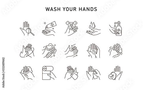 Hand hygiene line icon set. Simple Minimal Pictogram. Personal hygiene, disease prevention and healthcare hand