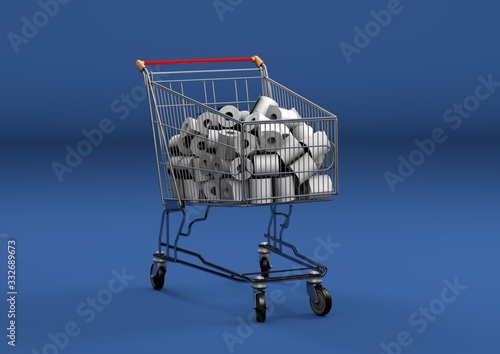 Shoping cart filled with toilet paper. Top view. On blue background. 3D Illustration