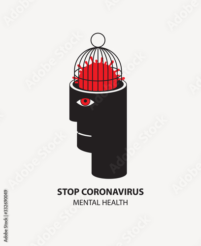 Vector decorative illustration with a human head and a locked Covid-19 Virion in a cage instead of a brain. Mental health and Stop coronavirus concept banner.