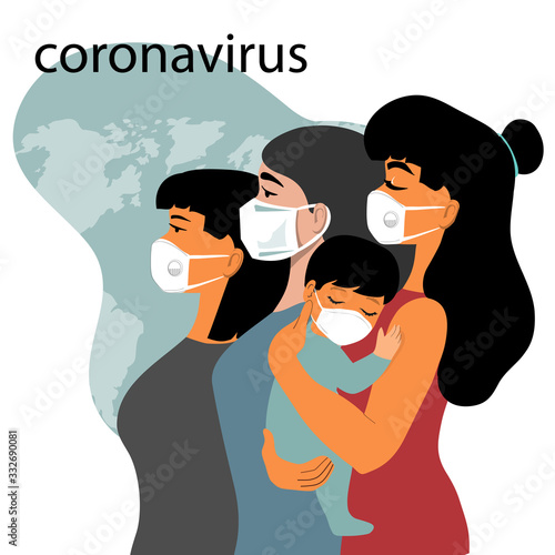 A group of people are Chinese in protective masks. Mom and baby. Epidemic disease concept. Coronavirus