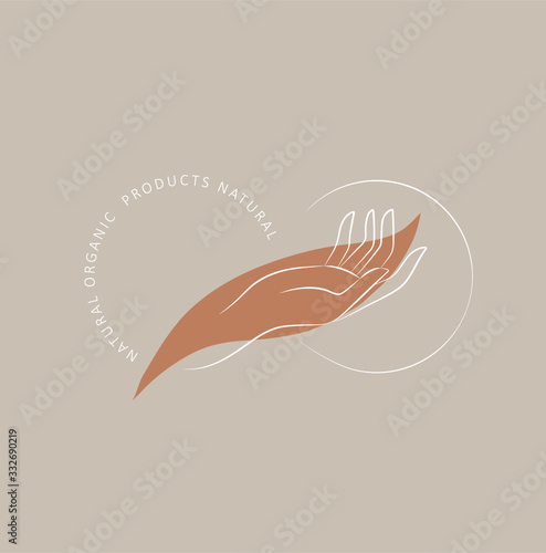 Logo design template in trendy linear minimal style. Vector abstract hands. Abstract symbol for organic products, beauty cosmetics, jewellery