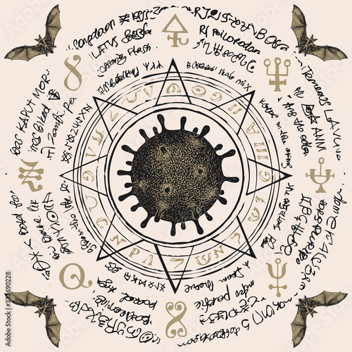 Hand-drawn mandala in retro style with hazardous virion of Covid-19. Mystic vector banner on the theme of coronavirus with viral cell, scare bats, magic symbols and runes