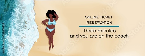 booking and buying tickets online. ONLINE SERVICE OF TOURIST SERVICES. Journey. black woman in a swimsuit.