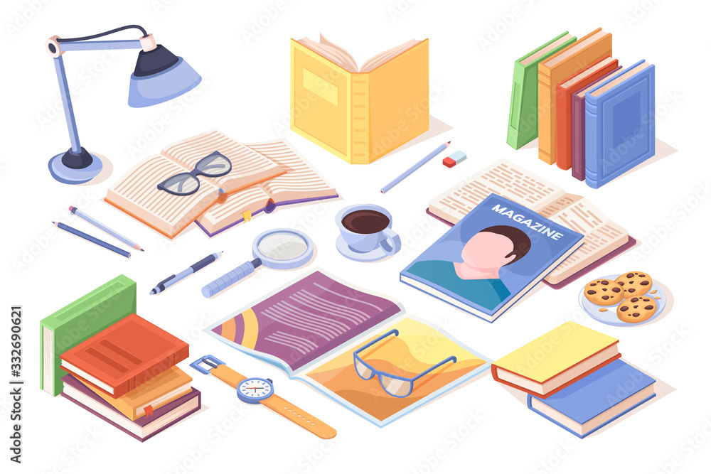 Table with books and opened magazine. Pile of literature. Vector sign design for teacher or working detective, student study equipment. Diary. Reading and studying, learning, knowledge illustration Table with books and opened magazine. Pile of literature. Vector sign design for teacher or working detective, student study equipment. Diary. Reading and studying, learning, knowledge illustration