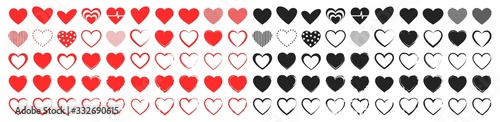 Set of 100 Like and Heart icons. Live stream video, chat, likes. Social nets like red heart web buttons isolated on white background. Vector illustaration.