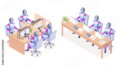 Robots with computers working at call center. AI technology for helpline or telemarketing, telesale. Automatic digital support for customer. Cyborg with headset. Automatic and automation design