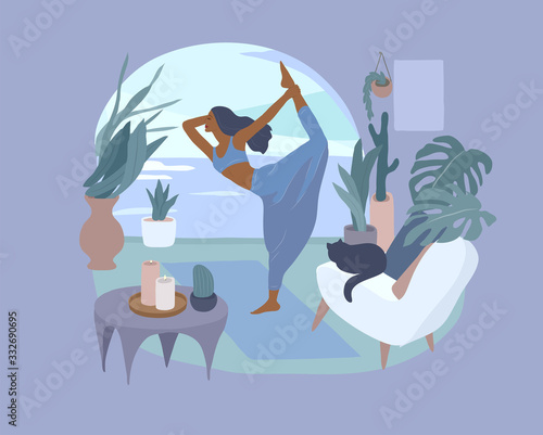 Cute girl doing yoga poses. Lifestyle by young woman in home interior with homeplants. Fashion illustration by femininity, beauty and mental health. Feminine cartoon
