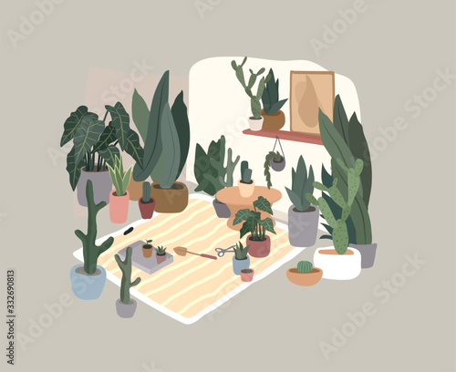House plants in urban home garden with cat. Scandinavian or Nordic style living room interior. Hand drawing style cozy interior with homeplants. Cartoon vector