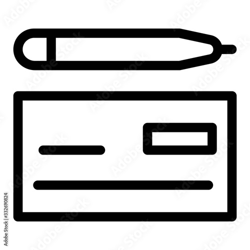 Bank cheque and pencil icon. Writing cheque symbol. Card, account details, bank receipt icon illustration.