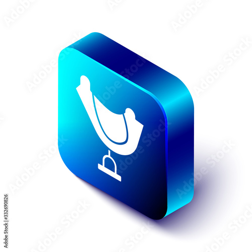 Isometric Wild west saddle icon isolated on white background. Blue square button. Vector Illustration