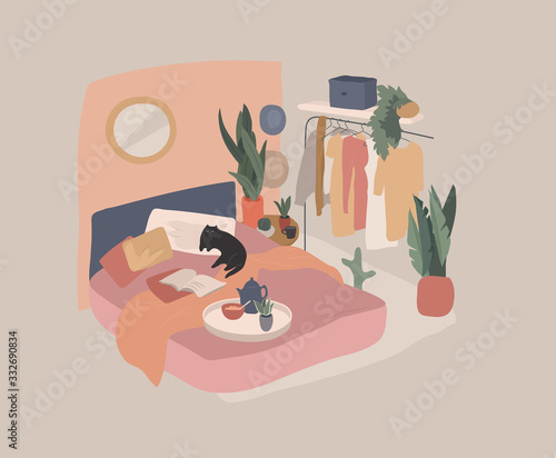 Scandinavian style cozy interior bedroom with homeplants. Cartoon vector illustration. Soft terracota