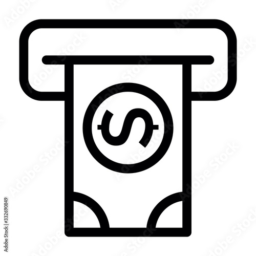 Cash money withdrawal from ATM. Dollar sign. Banking, finance concept. Line icon illustration.